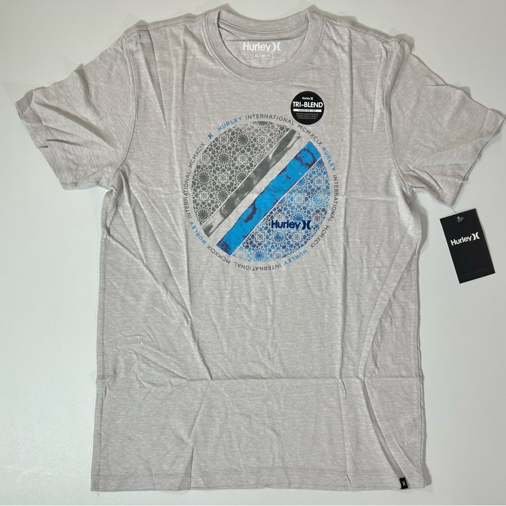 Hurley M Geode Gray Tri Blend Blue Gemetric Pattern Logo Shirt NWT